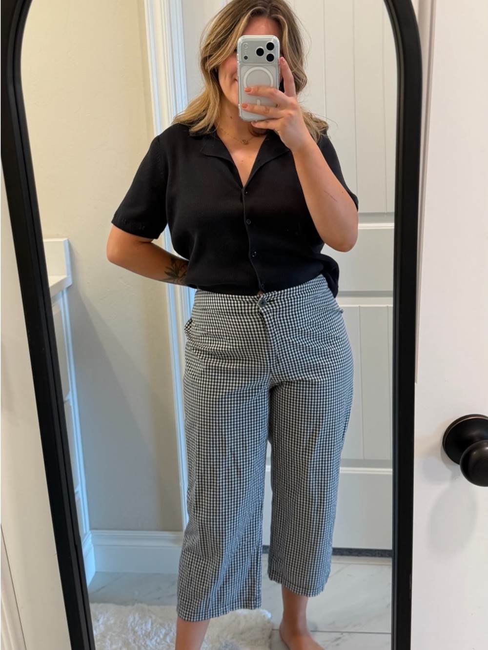Chico's Black and White Gingham Button-Up Shirt